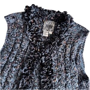 Curio Womens Large Black Blue Chunky Knit Wool Blend Ruffled Sweater Vest